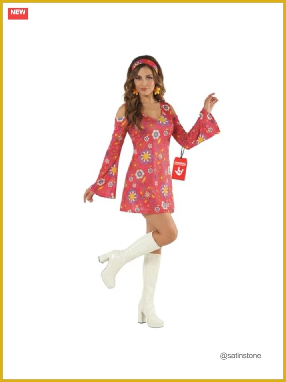 70s Costume Floral Mini Dress Headscarf Hippie Halloween Women